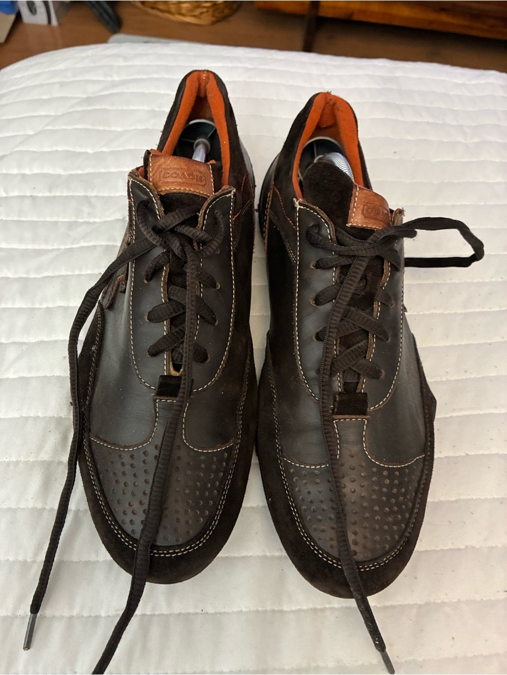 Coach Men's Dark Brown Leather Athletic Shoes with Orange Lining
